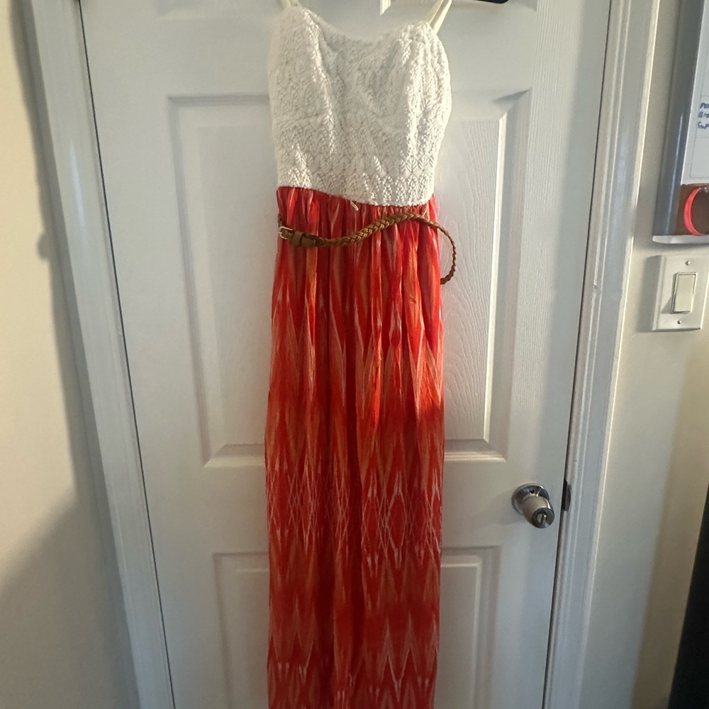 White and Red Maxi Dress with Belt